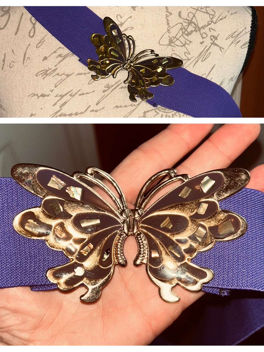 Vintage Butterfly Stretch Belt Clasp Closure Mother of Pearl Inlay Details